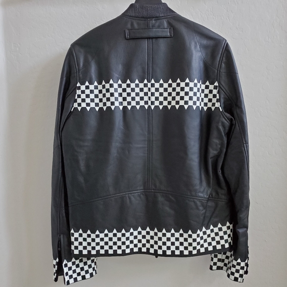NWT Leather Ovadia & Sons Checker Print Biker Jacket - Picture 5 of 16